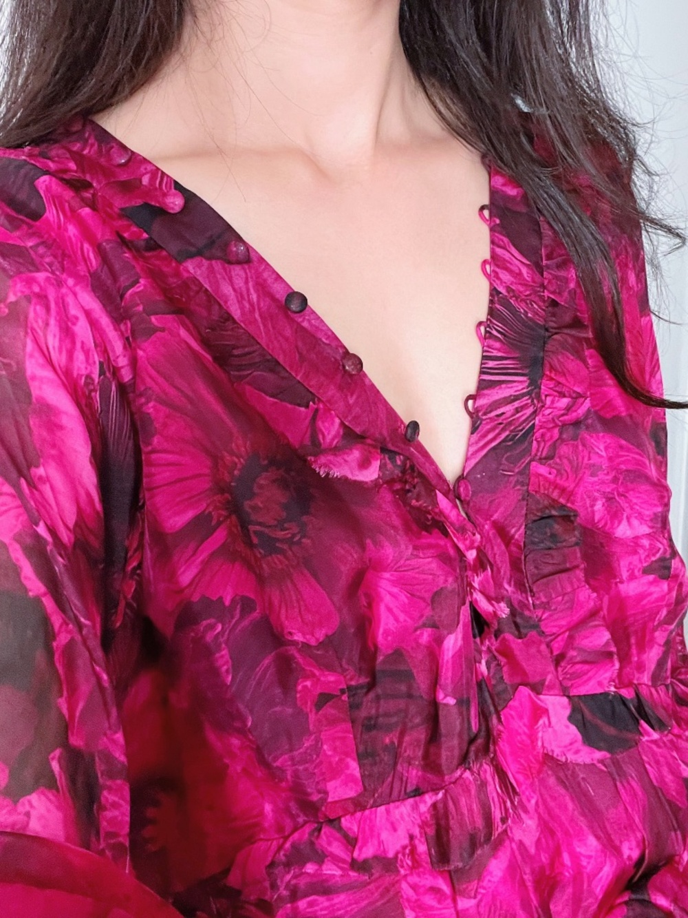 MARCHESA Rosa Leilani Floral Tiered Maxi Dress Long Sleeve V-Neck Fuchsia Size16 - Picture 5 of 15